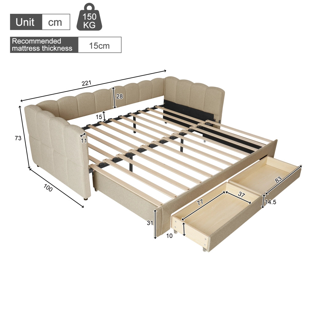 Letto daybed estraibile 90x200 cm con USB e Type-C; 2 cassetti; chenille beige