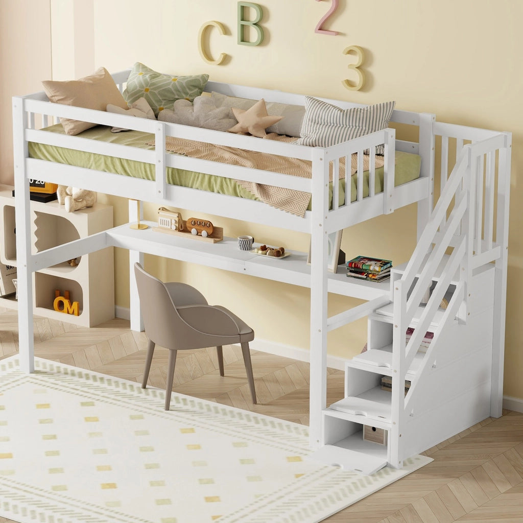 Letto a castello bianco in pino con scrivania e cassetti portautensili 90x200 cm
