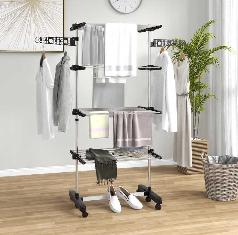 Stendibiancheria pieghevole a 5 livelli con ruote, 142x55x172 cm, nero e argento