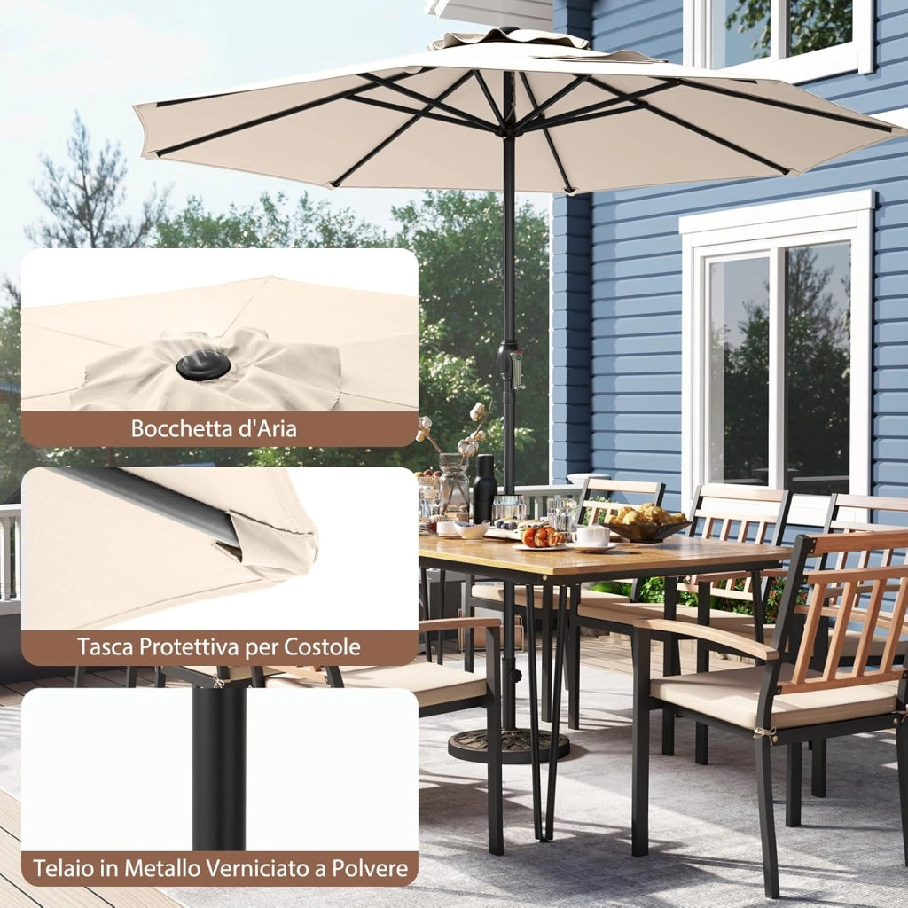 Ombrellone da Giardino 260 cm, Ombrellone con Manovella e 8 Stecche, Tettuccio Ventilato, per Cortile Piscina Giardino (Beige, 260 cm 8 Stecche)