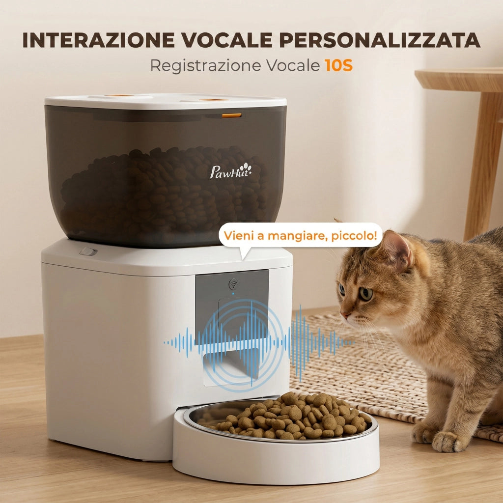 Distributore Automatico Cibo Gatti 4L WiFi 2.4G App Controllo con Registratore 10s Ciotola Bianco