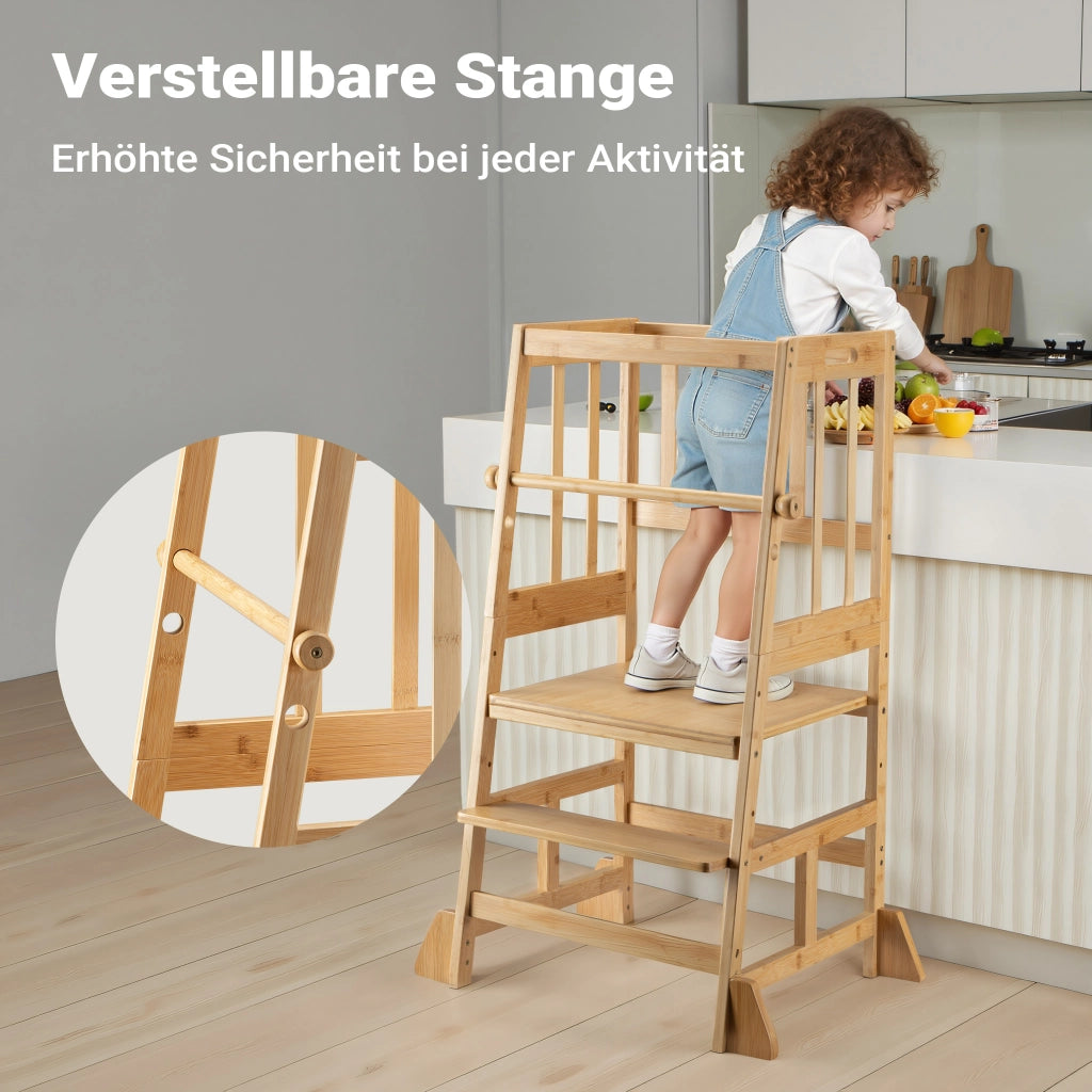 Torre di apprendimento per bambini 57 x 46 x 90 cm in bambù, torretta con ringhiera, sgabello per bambini con barra di protezione