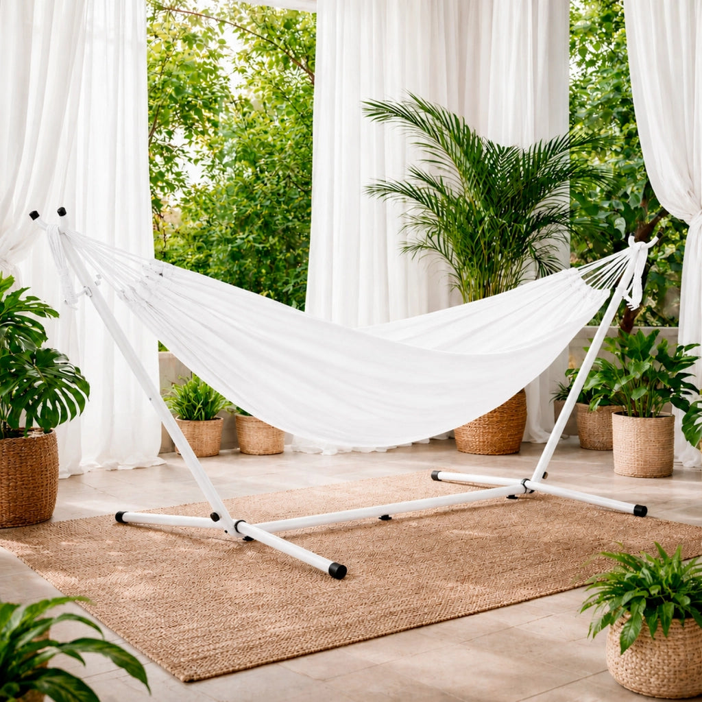 Amaca Brasiliana Con Supporto In Acciaio Altezza Regolabile Telo Cotone Da Esterno Per Giardino Balcone Piscina 100 x 110 x 265 Cm Bianco