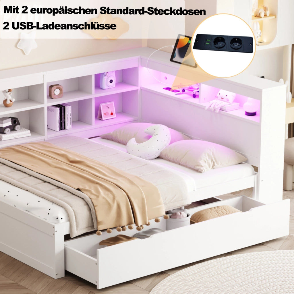 Letto Contenitore Letto Matrimoniale 140x200 cm con USB; LED e Mensole in Legno Bianco