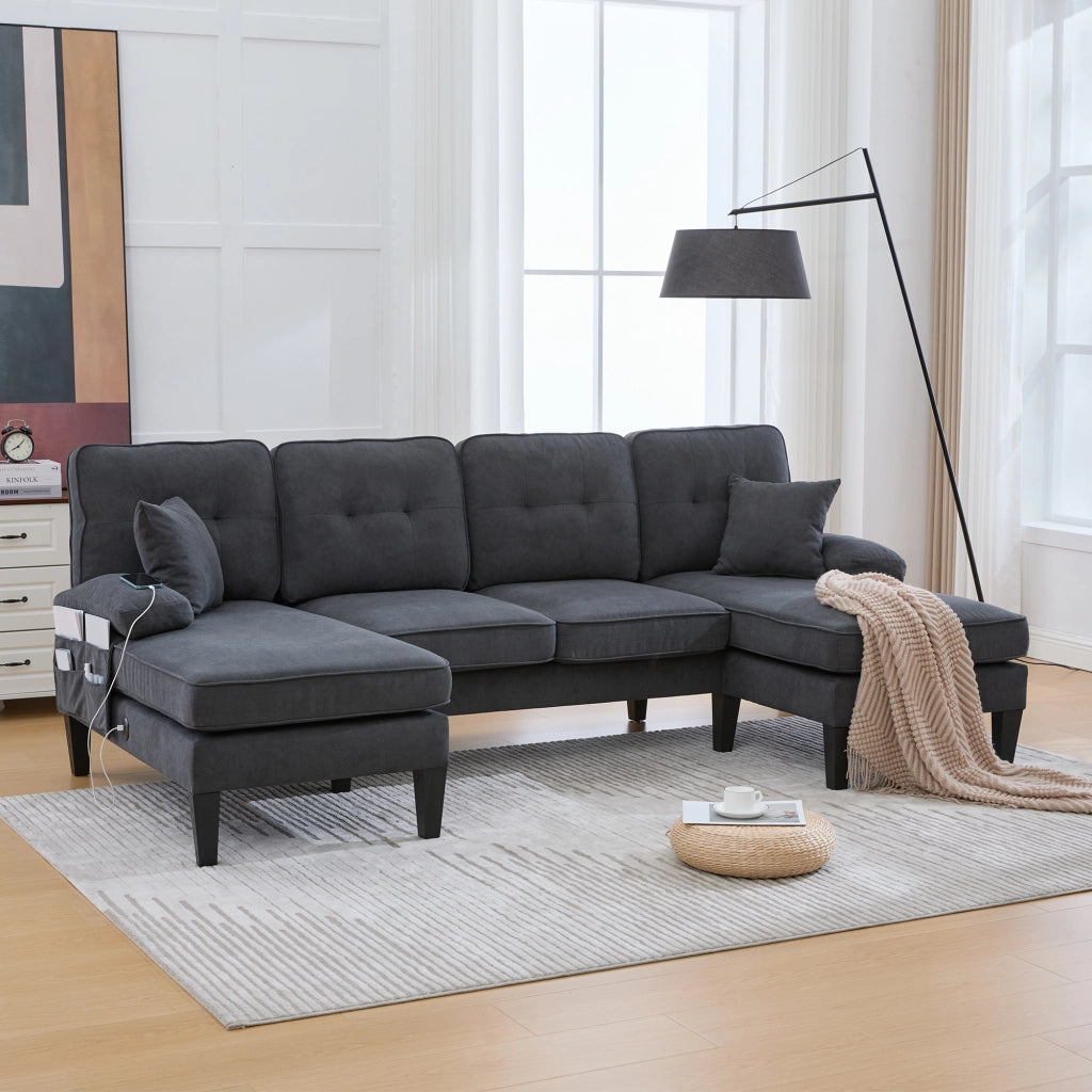 Divano panoramico a 4 posti a U in lino grigio scuro con due chaise longue e porte USB e Type-C