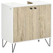 Mobile Sottolavabo Bagno con 2 Ante e Piedi Acciaio ¨C zephmum ¨C Bianco e Legno 60x30x60 cm