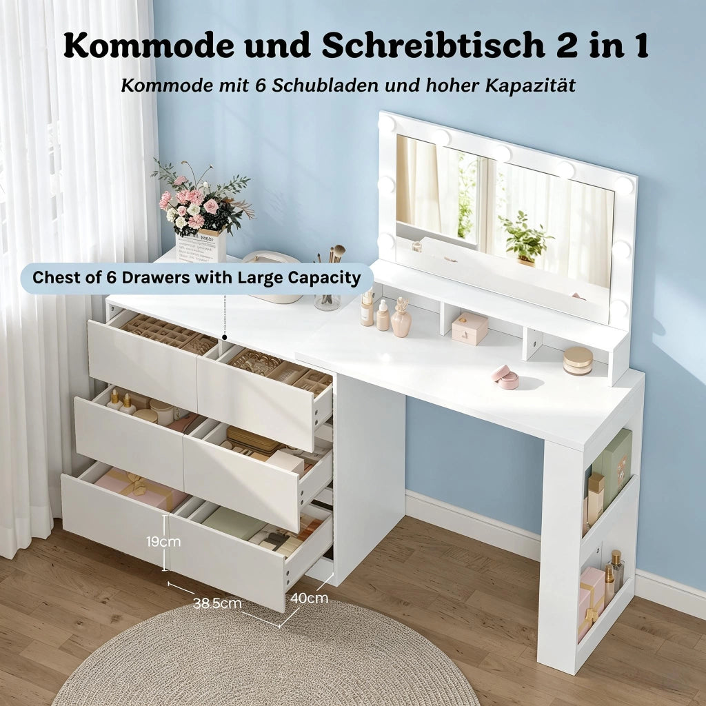 Tavolo multifunzione 2-in-1 a forma L; 6 cassetti grandi; specchio LED regolabile; utilizzabile come scrivania; solo tavolo