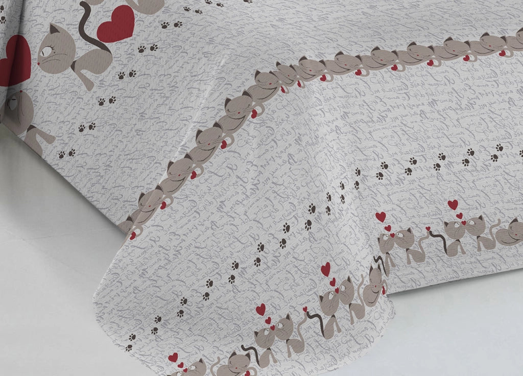 Copriletto Piquet Primavera Estate 100% Cotone Disegno Gattini Cuori - Singolo - Beige