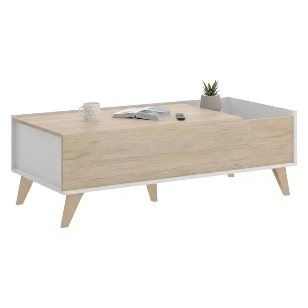 Tavolino da salotto Alexius, Porta riviste da soggiorno con vano portaoggetti, Tavolo basso da caffÒ¨ elevabile, 99x60h41 cm, Rovere e Bianco