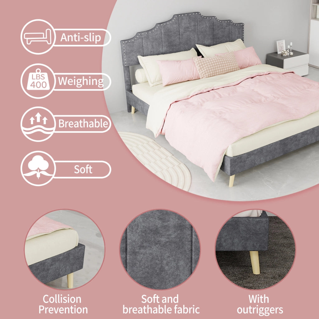 DESMIU Letto matrimoniale 160 × 200 cm con testiera geometrica, in tessuto, senza materasso, grigio