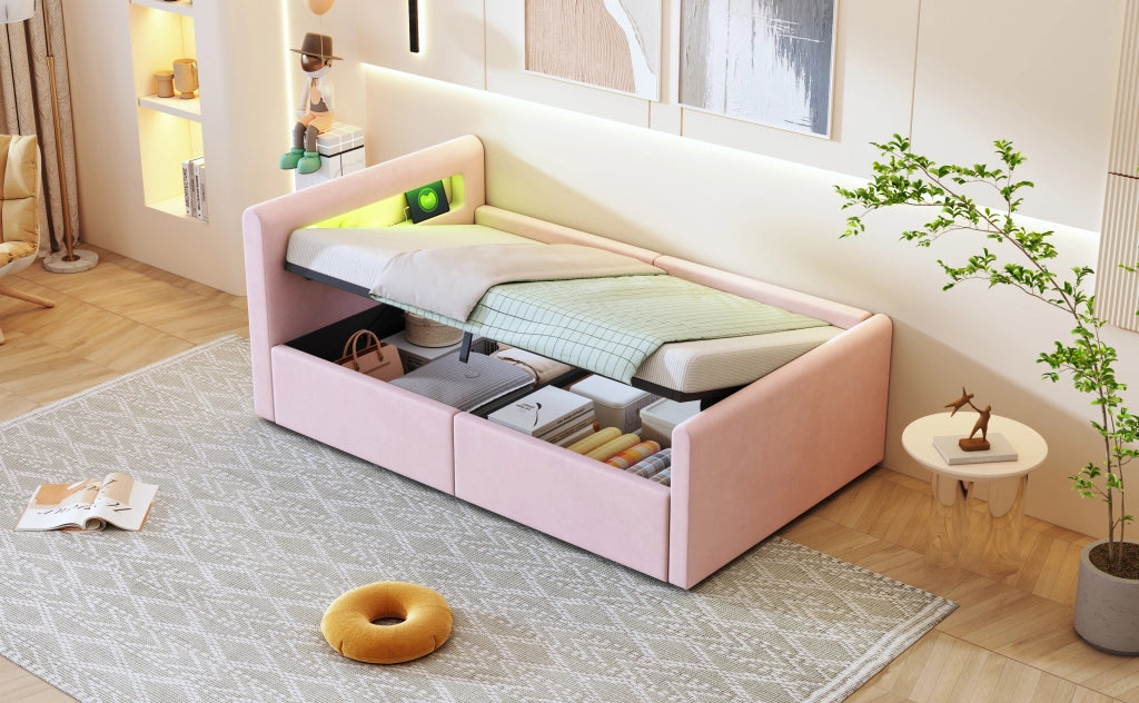 DESMIU Letto per Bambini 1 Posto con Contenitore Idraulico, USB, LED e Mensola 90 × 200 cm, Senza Materasso, Rosa