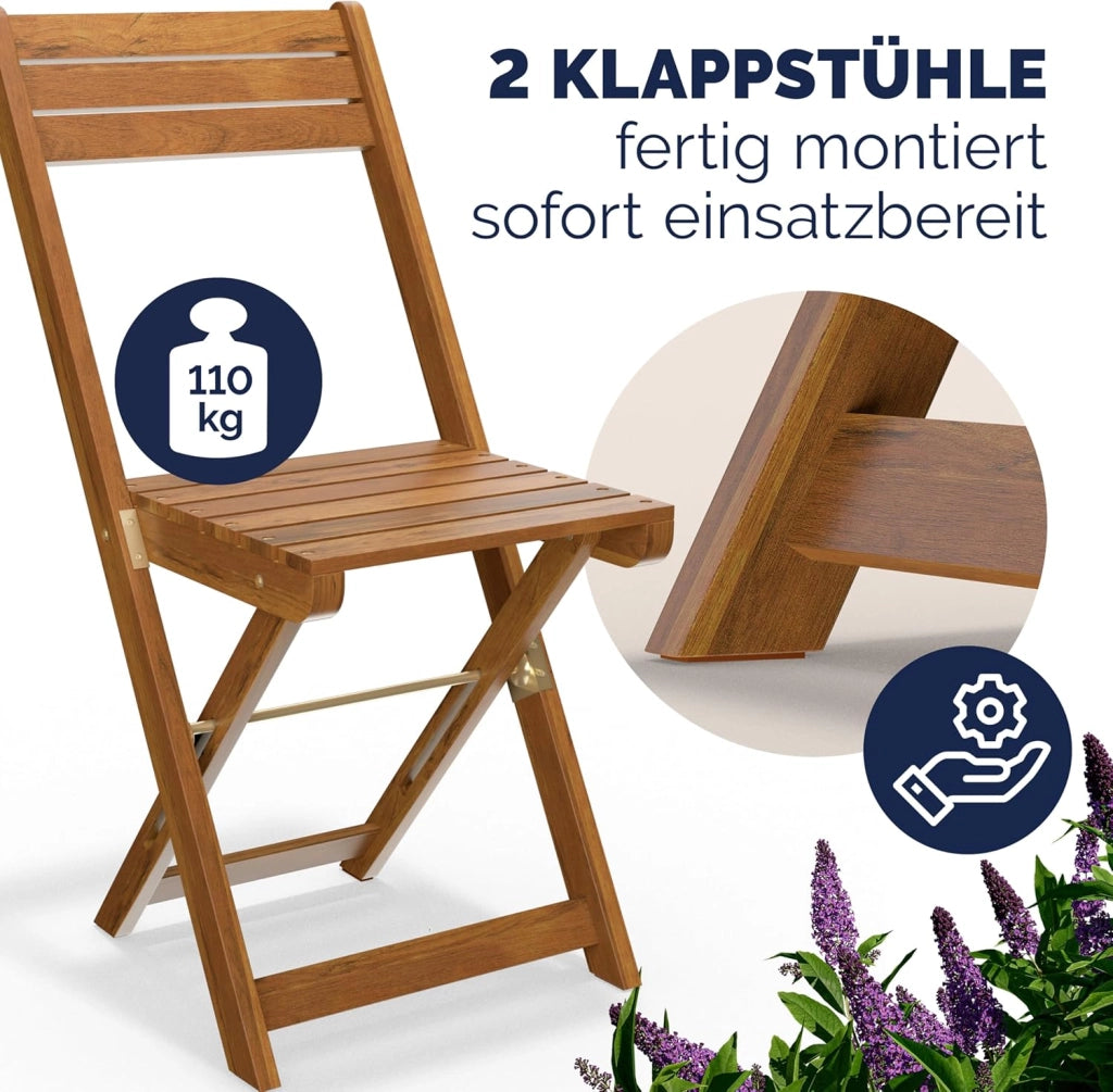 ® Set da Balcone Tavolo e 2 Sedie in Legno di Acacia Pieghevole 3 Pezzi per 2 Persone da Giardino Esterno Tavolino Terrazza Bar Bistro Salotto