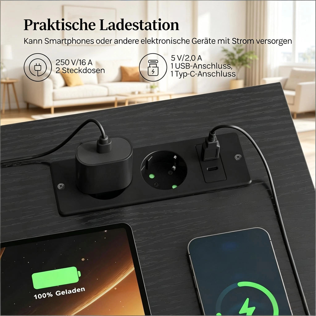 Scrivania con 2 cassetti in tessuto, ripiano laterale, prese usb e tipo c, per studio e soggiorno, nera 120 × 51 × 75 cm