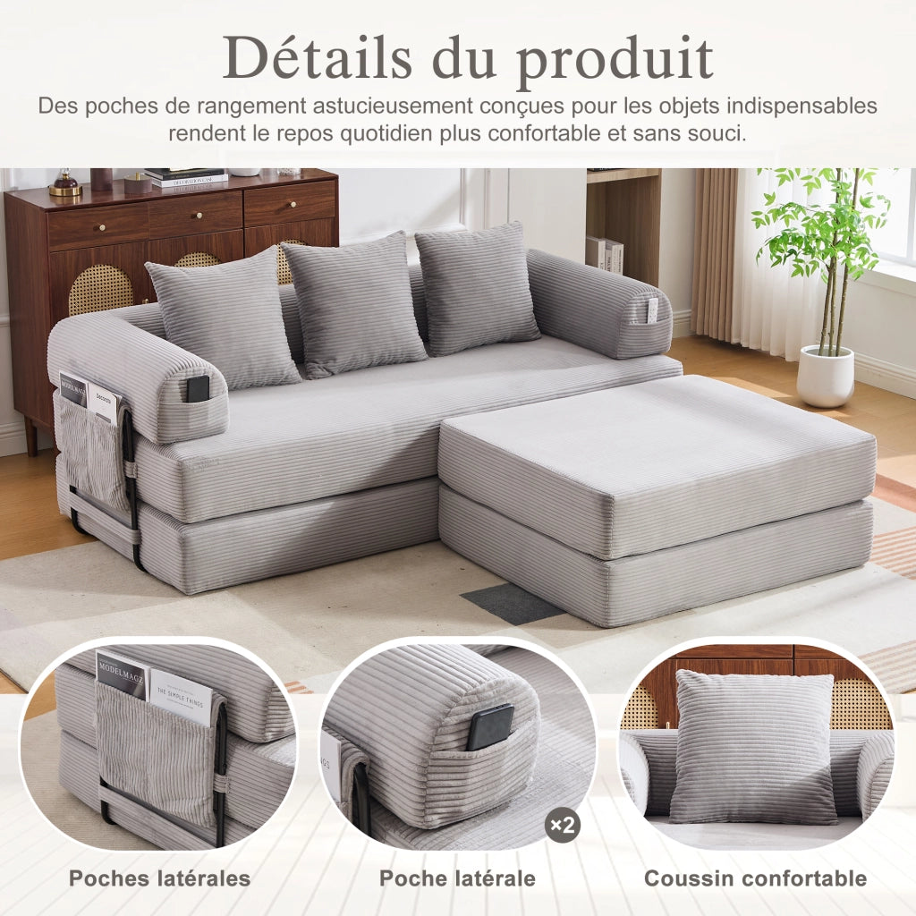 Divano modulare con tasca laterale e 3 cuscini, struttura in metallo per salotto in tessuto corduroy grigio chiaro