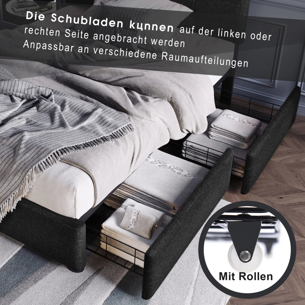 LETTO singolo 90x200 cm con LED, 2 cassetti, lino nero