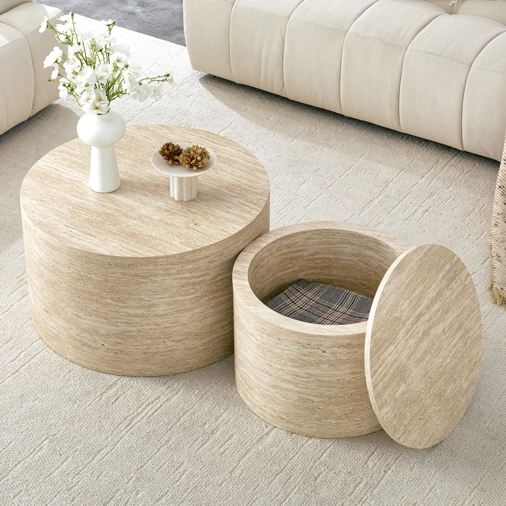 Set di 2 tavolini rotondi impilabili con spazio contenitore, effetto legno, MDF, per salotto