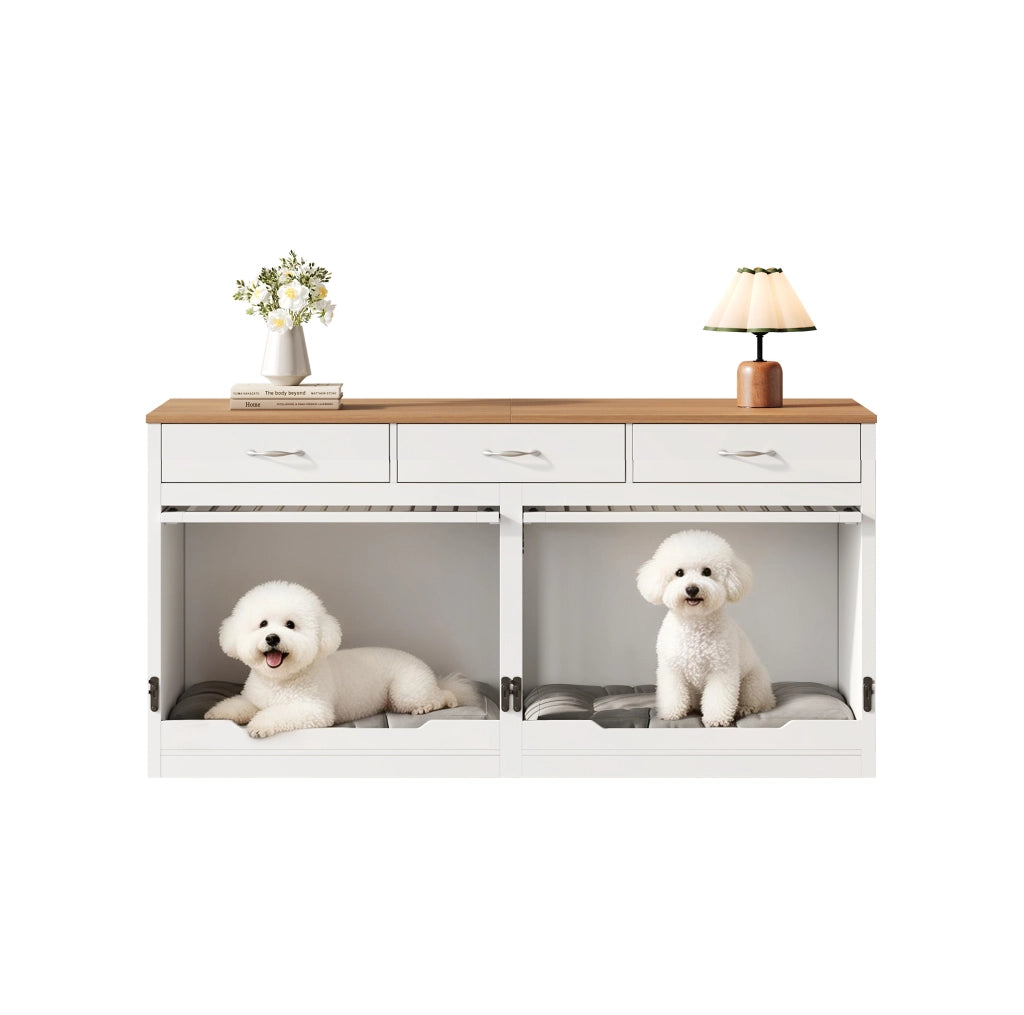 Mobile gabbia per cani in MDF e metallo con divisorio e 3 cassetti