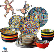 Set da Pranzo e Dolce - Stile Bohemiano - Tavola da Cenno 24 pezzi - Servizio Completo con Contenitore per Cereali e Pasta