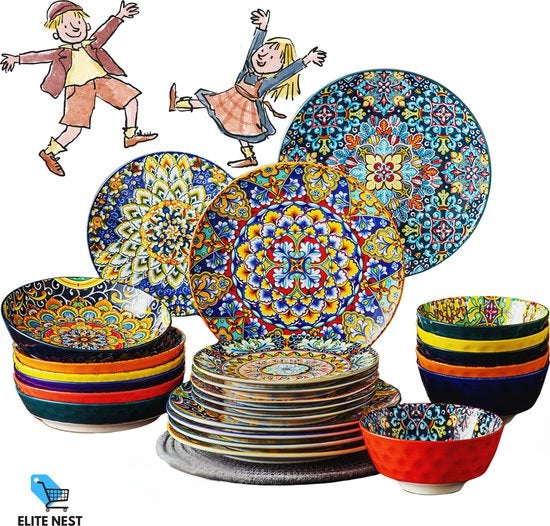 Set da Pranzo e Dolce - Stile Bohemiano - Tavola da Cenno 24 pezzi - Servizio Completo con Contenitore per Cereali e Pasta