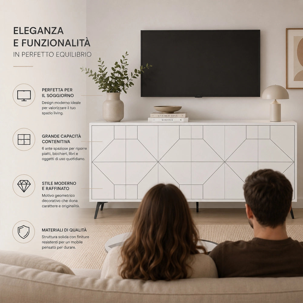 Madia con 6 Ante Credenza Design Geometrico Moderno in Legno 184x77 cm Bianco
