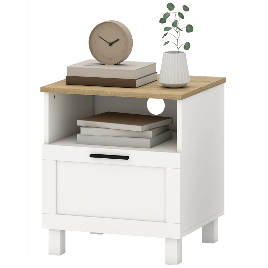Comodino con Cassetto e Ripiano Aperto ¨C zephmum ¨C Legno, Bianco e color Legno, 45x38x50 cm