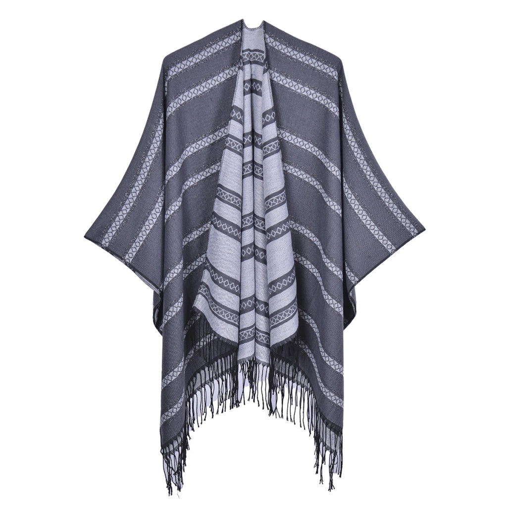 Sciarpa/mantella da donna con nappe, in cashmere spesso, reversibile, alla moda