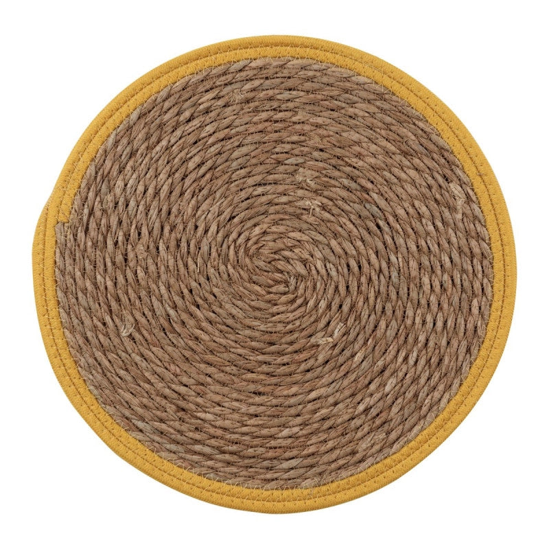 Set di 6 Tovagliette Tammy ø38 In Corda Di Paglia Naturale E Bordo In Cotone Giallo