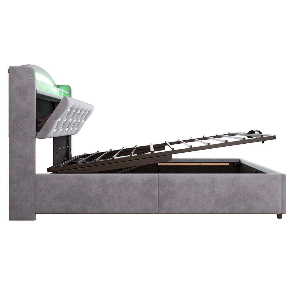 Letto bambino-Xylo-90x200 cm-LED, USB, spazio idraulico, velluto grigio