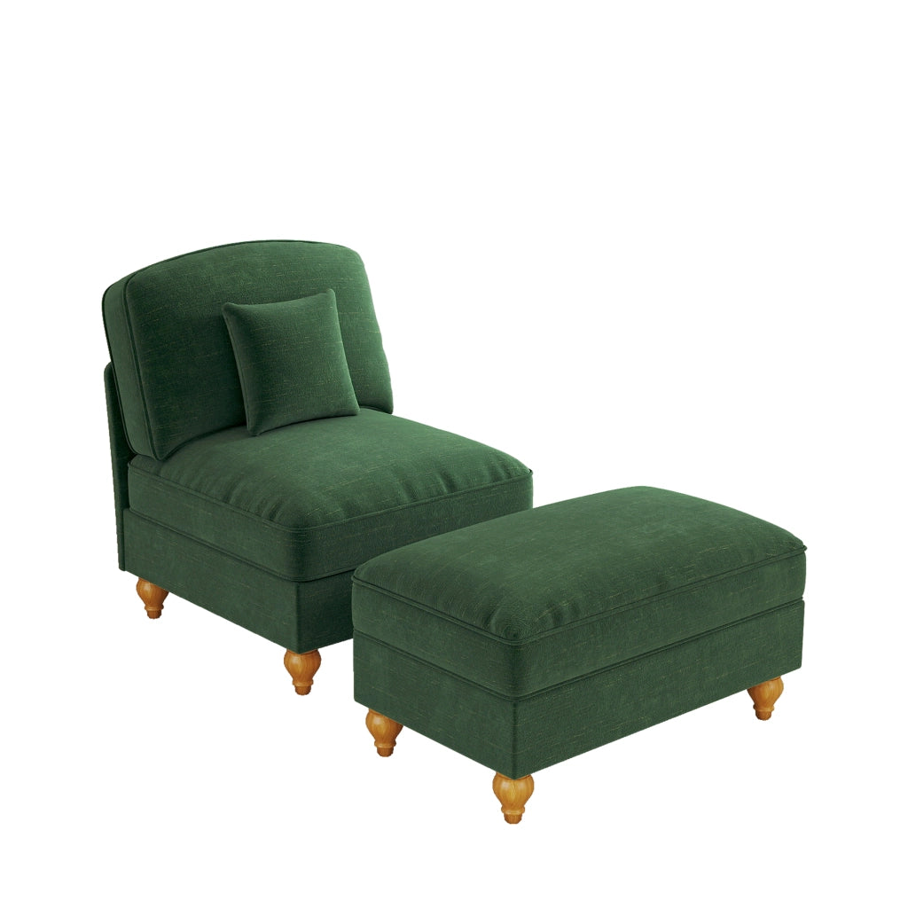 Poltrona con Pouf ¨C MINIMAL ¨C Velluto Verde, Gambe in Legno, Soggiorno