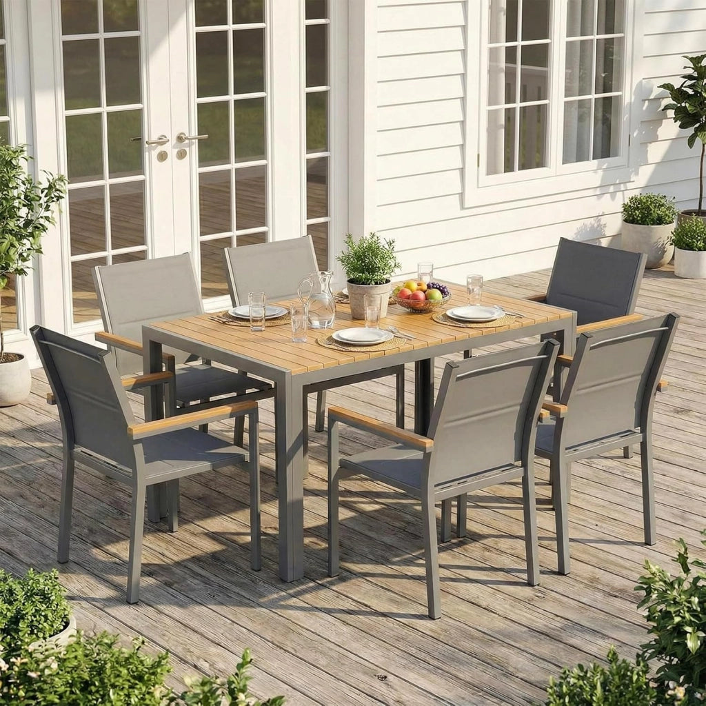 Set di 4 sedie da giardino, in alluminio, con schienale e seduta trapuntati, impilabili, per sala da pranzo, in WPC, per terrazza, balcone, terrazza, piscina, ristoranti, grigio, 4 pezzi