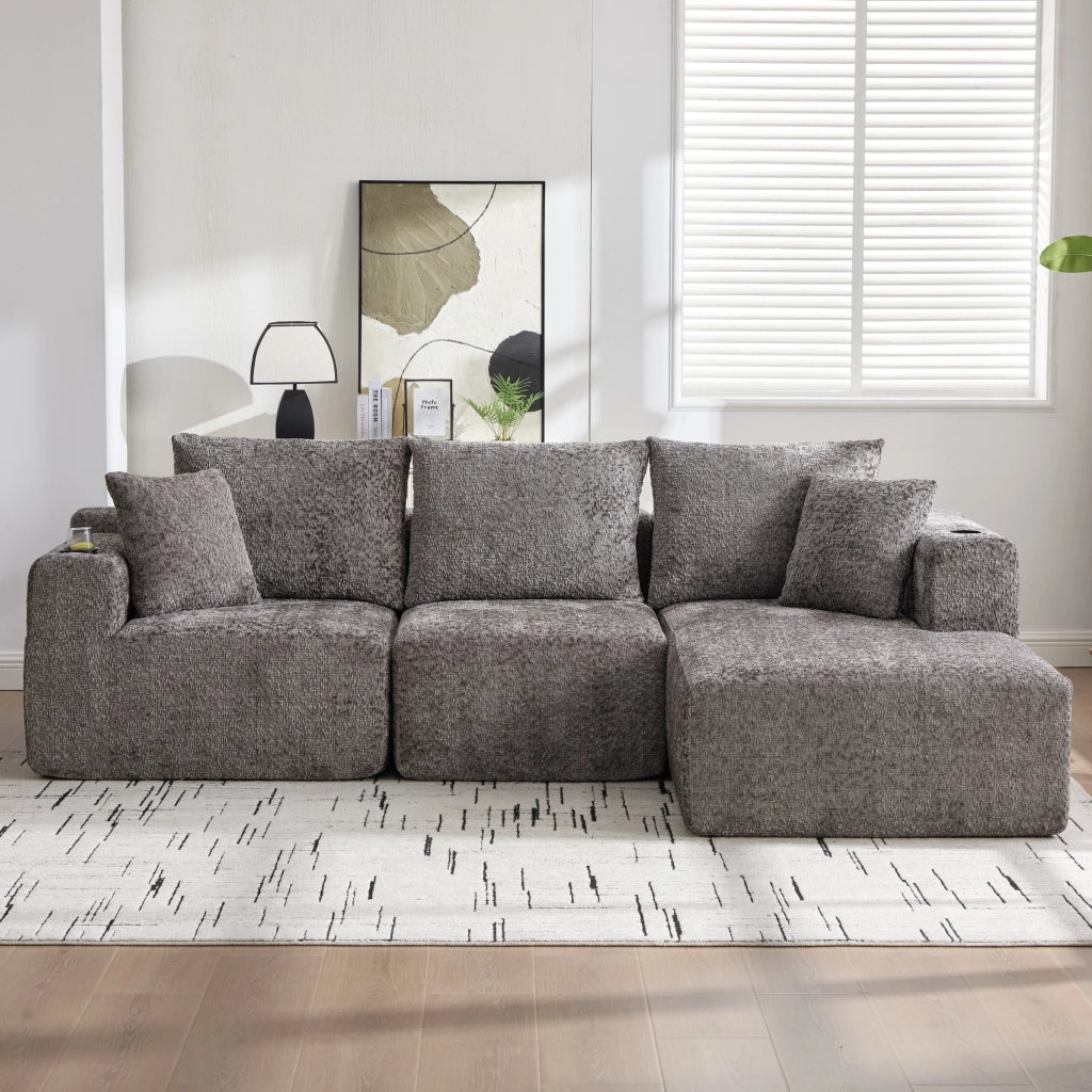 Divano angolare modulare in chenille con portabicchieri e tasche laterali grigio scuro 261 × 165 × 80 cm