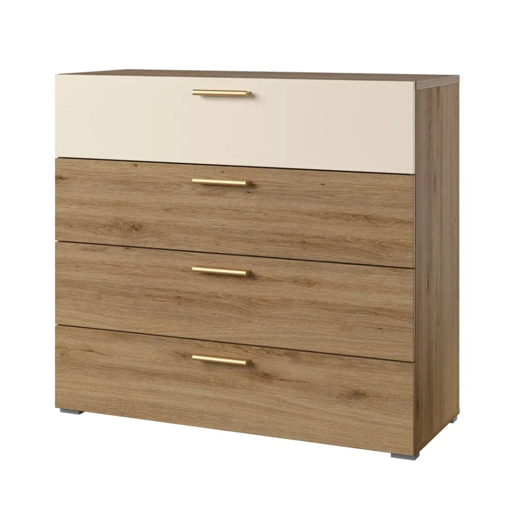 Cassettiera VERTIGO – 4 cassetti – Rovere selvaggio e beige sabbia – Maniglie dorate