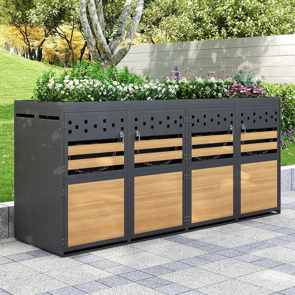 Box per rifiuti 4 posti con tetto vegetale - Xylo - 120-240 litri - Colore antracite - Porta in legno, estensibile