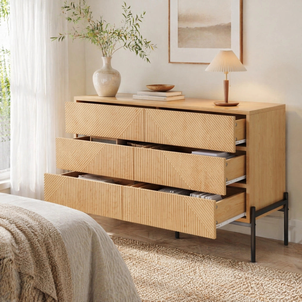 MADIA 115,5x38x75 cm MDF Naturale 6 Cassetti con Gambe in Ferro