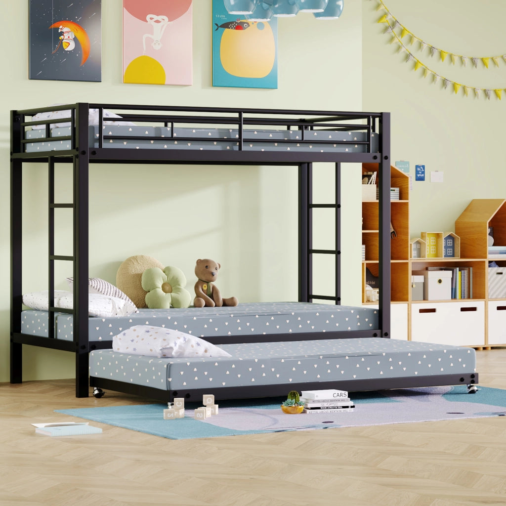 Letto a castello 90x200 cm in metallo nero con letto estraibile e sponde alte
