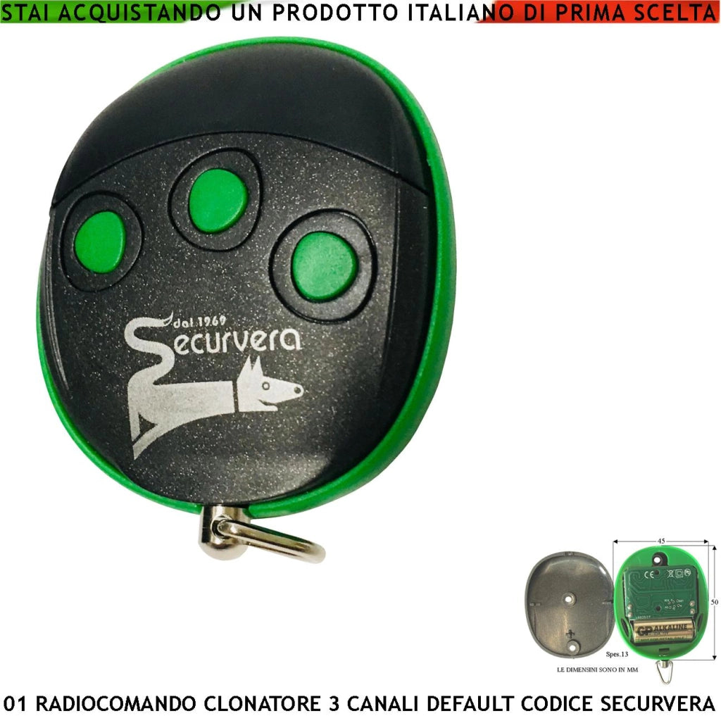 Clonazione Radiocomando 3 canali Frequenza Trasmessa 433,92 MHz Potenza Trasmessa 1 mW Codice default Securvera 66 Bit Apprende Codici Binari Led Conferma