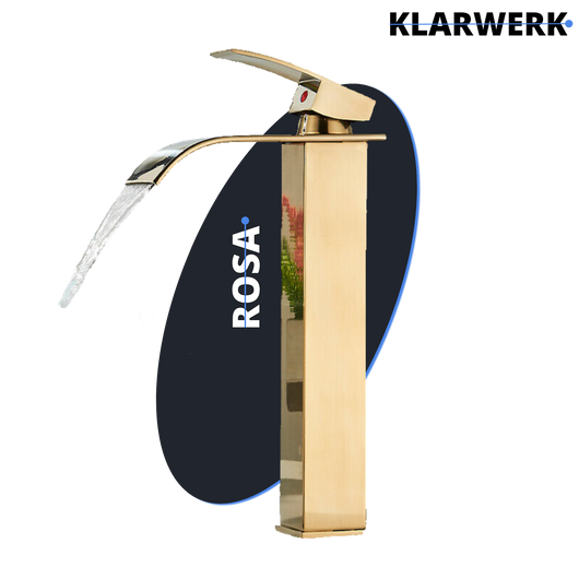 ROSA | Rubinetto da bagno premium a cascata alta oro | Miscelatore Hotel Gastro Premium per lavabo freestanding - in acciaio inox con bocca alta