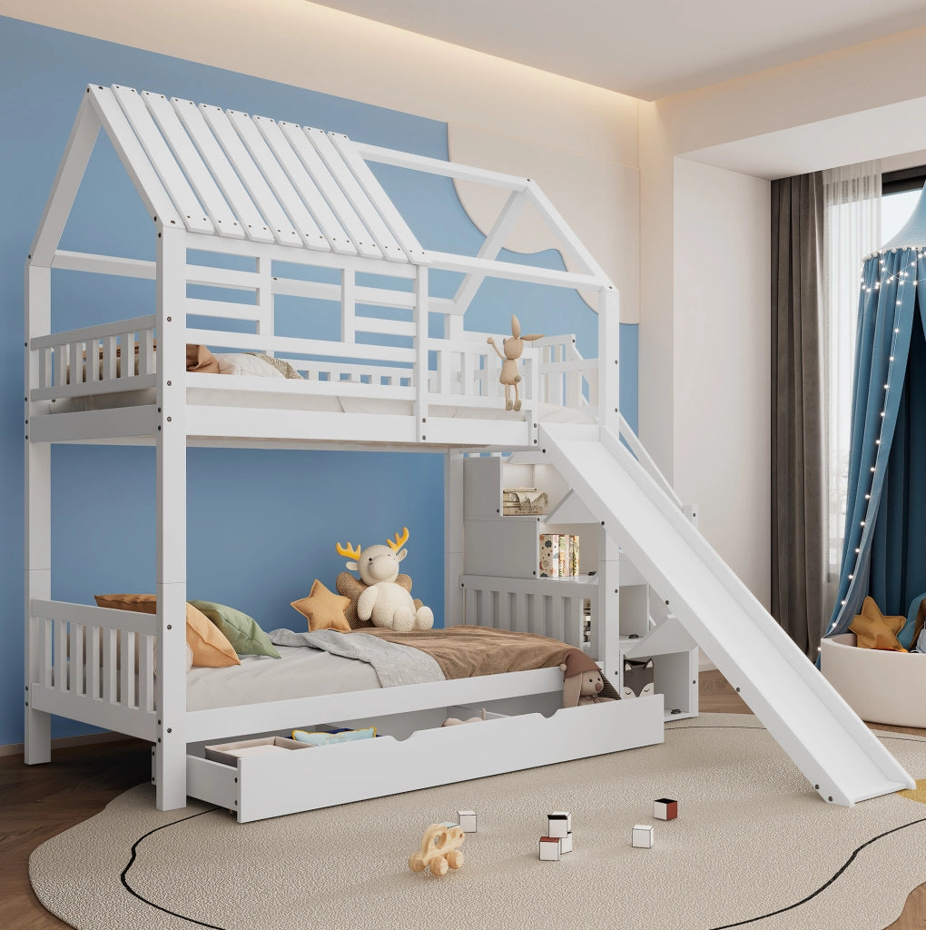 Letto a castello a casetta bianco 90x200 cm con scivolo