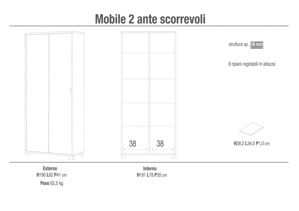 Armadio 2 Ante Scorrevoli 82x190x42 cm Cemento