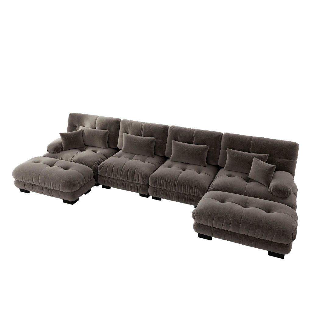 Divano modulare angolare a U in chenille con pouf mobile e cuscini design vintage per soggiorno marrone