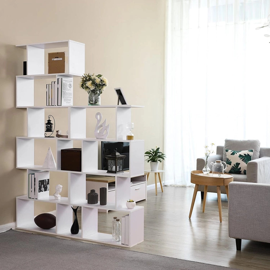 Libreria a zig-zag moderna bianca a 6 ripiani