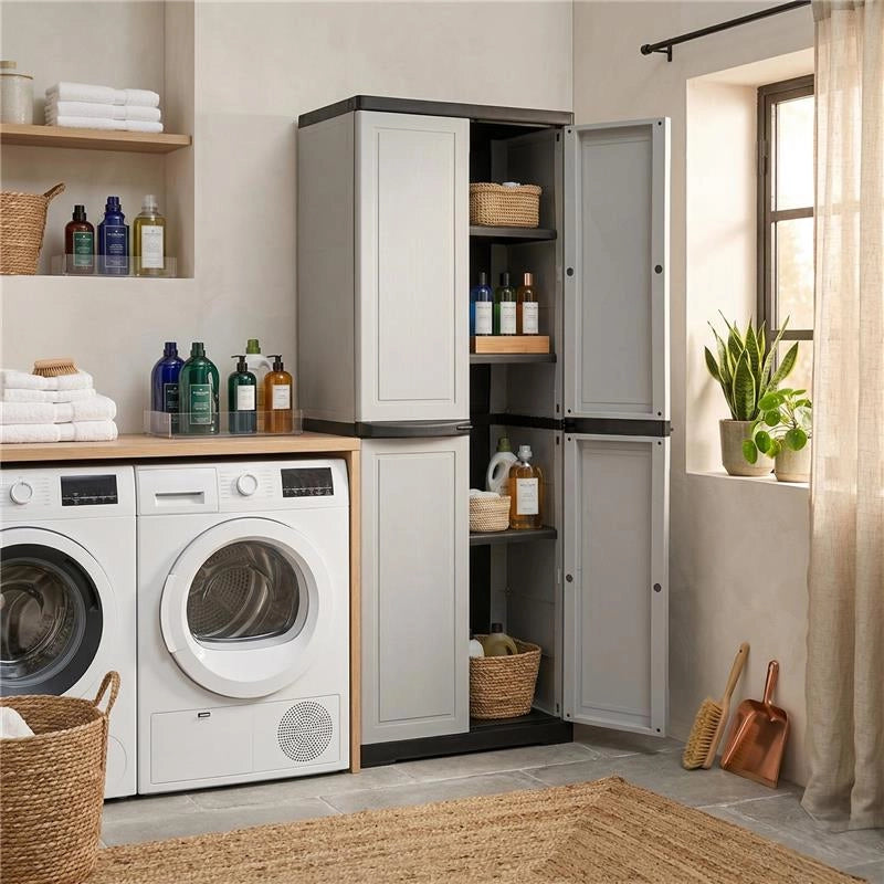 ARMADIO SLIM FOTINCISO IN RESINA CON 3 RIPIANI REGOLABILI E PREDISPOSIZIONE LUCCHETTO - COLORE GRIGIO DIMENSIONE 65X45X178H CM