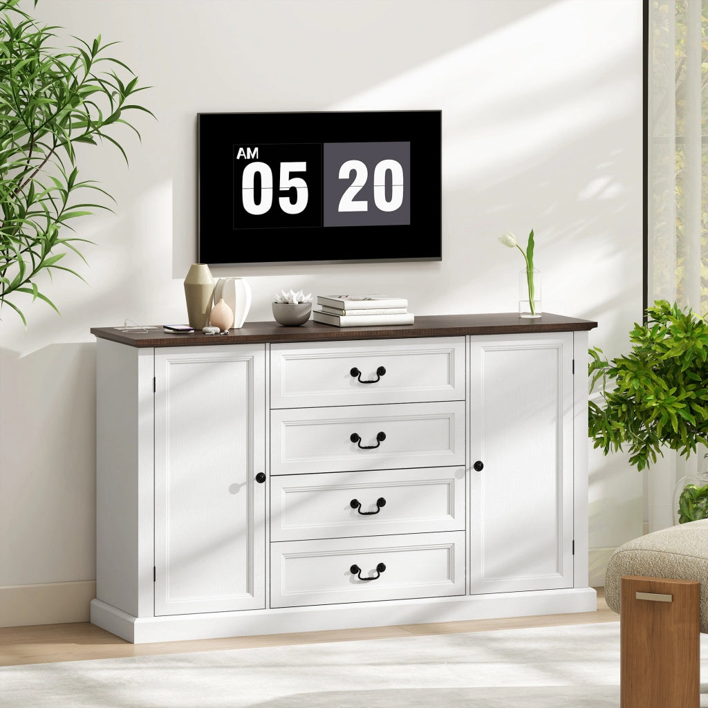 Credenza da Cucina Stile Vintage 147x40x87 cm con 4 Cassetti e 2 Armadietti con Mensole Regolabili Legno Bianco