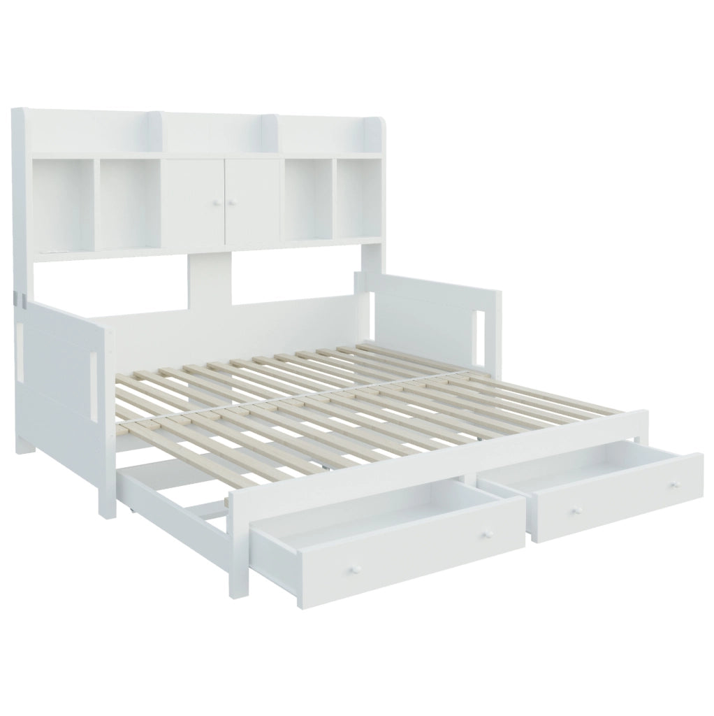 Divano letto estraibile in legno 90x190 cm; con cassetti; vani contenitore e LED; bianco