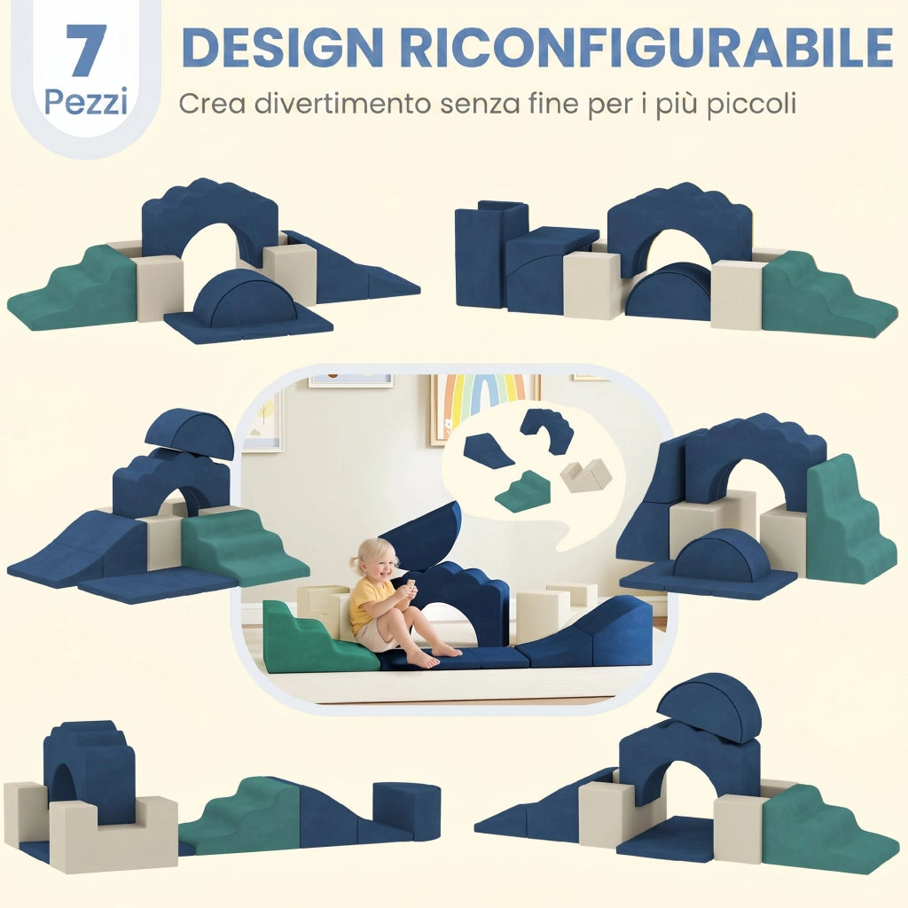 Set 7 Costruzioni Morbide per Bambini da 0,5-3 Anni con Base Antiscivolo in Schiuma e Velluto Blu