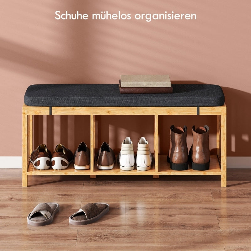Panca contenitore panca scarpiera con cuscino imbottito e 3 scomparti, in Bambù, Natural Wood, 102 × 33 × 45 cm