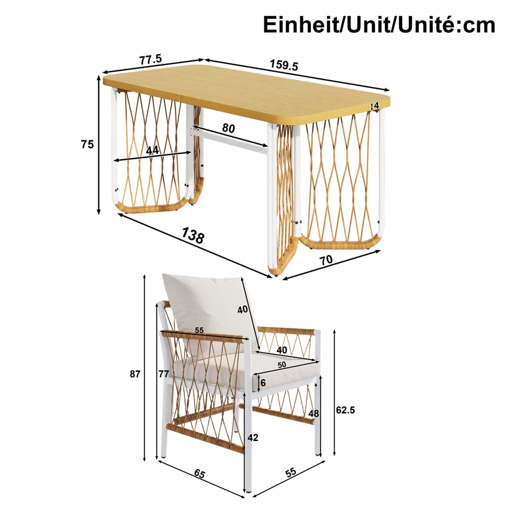 Set Tavolo e Sedie da Giardino con 1 Tavolo e 6 Sedie; Cuscini Inclusi; Ferro e Poliestere; Beige