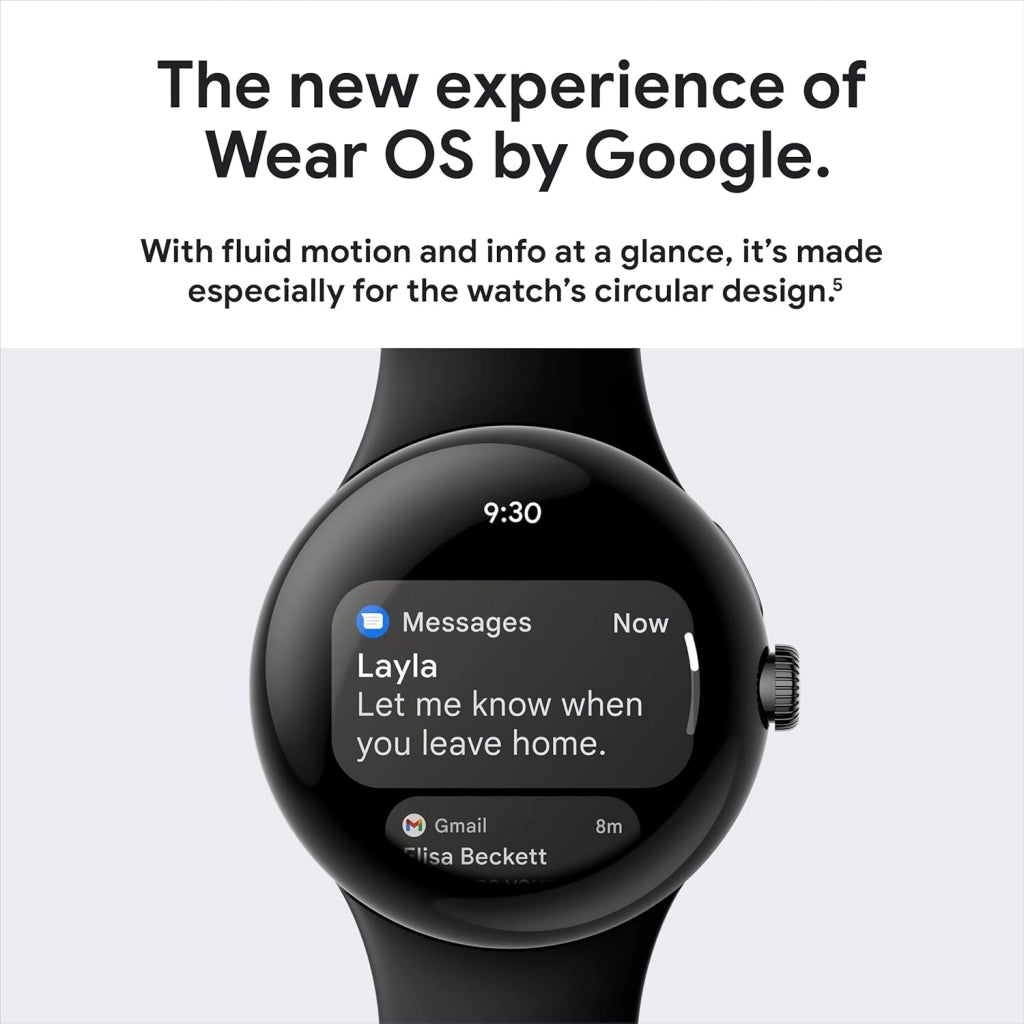 Pixel Watch 1st Gen - Smartwatch Android con monitoraggio dell'attività Fitbit, orologio con monitoraggio della frequenza cardiaca, cassa in acciaio inossidabile nero opaco con cinturino attivo