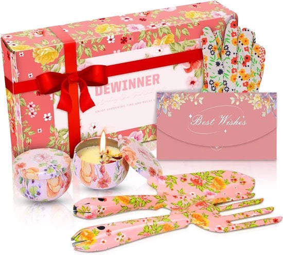 Strumento per giardinaggio, disegno fiorale, dono per giardinaggio per donne, manico ergonomico, perfetto dono per donne, inclusivo candele di aromaterapia e altro.