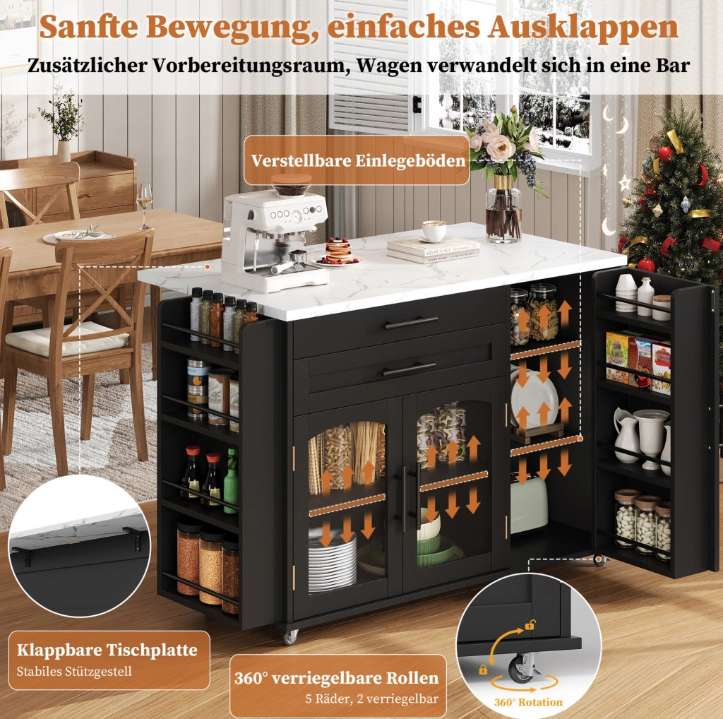 Carrello da cucina con piano pieghevole; cassetti e ante in vetro; MDF; nero